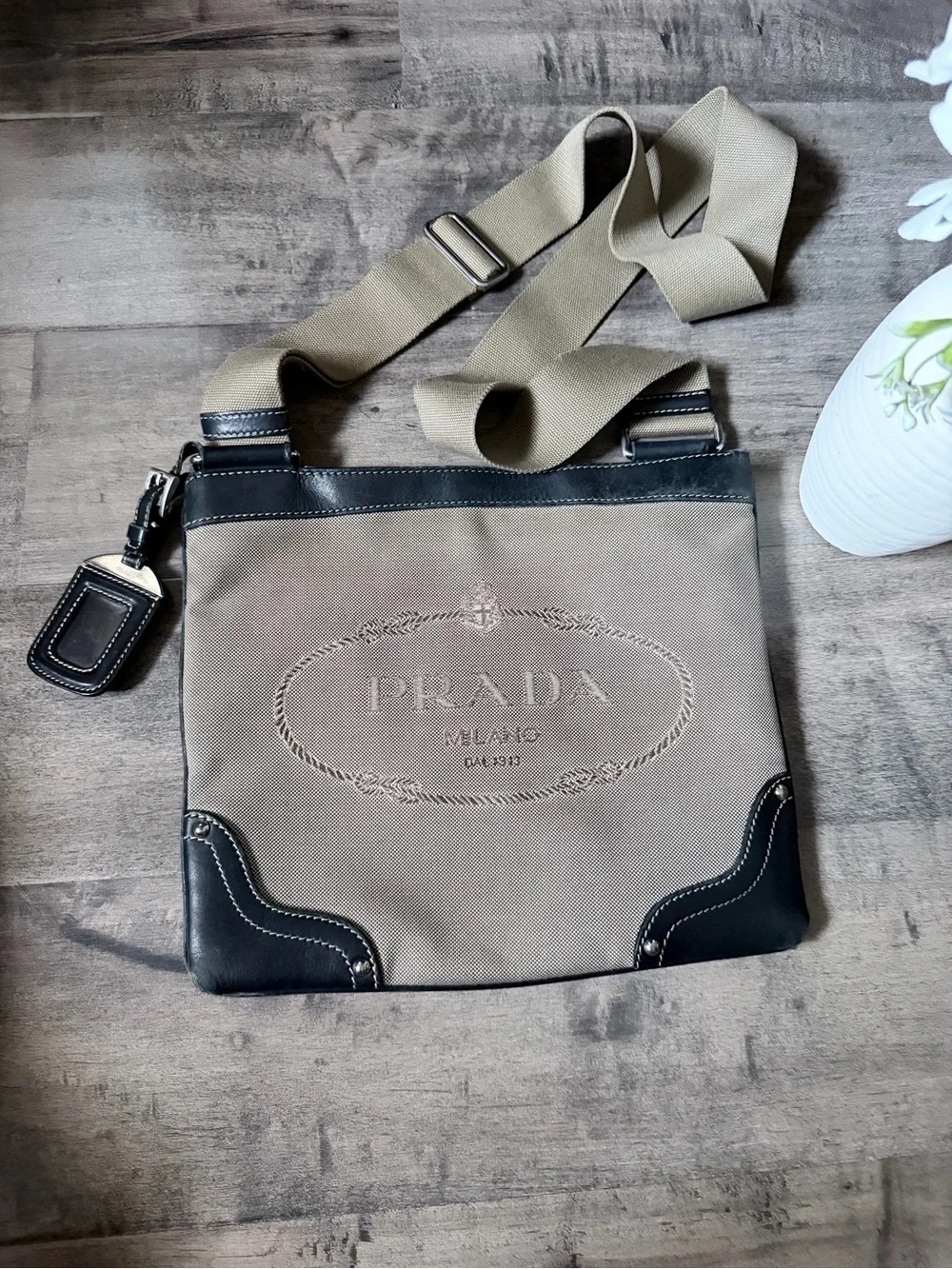 Prada Beige Canvas Messenger Bag with Black Trim